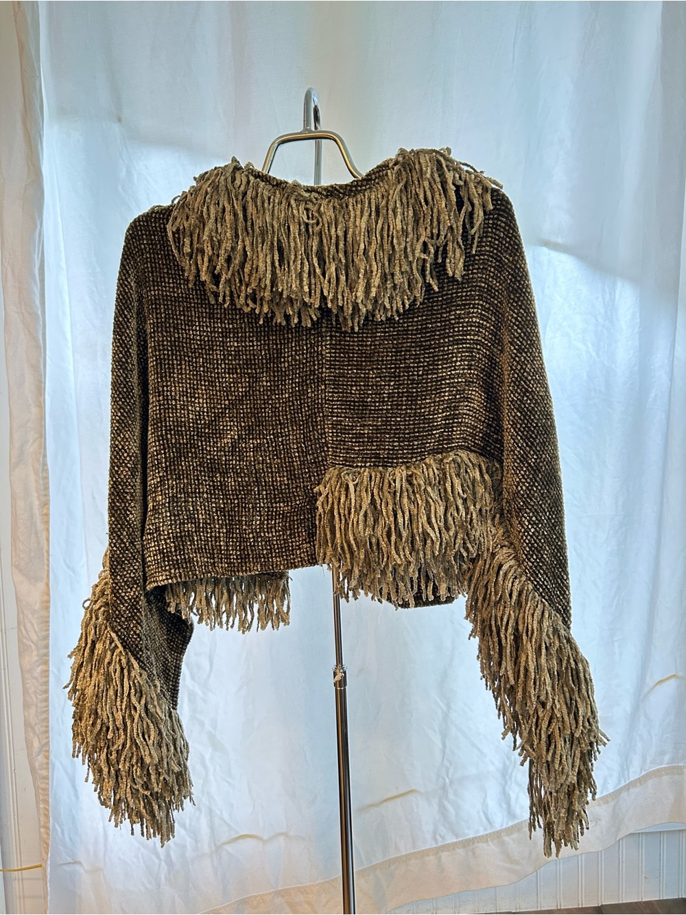 Fringed Chenille Cropped Sweater Jacket in Brown